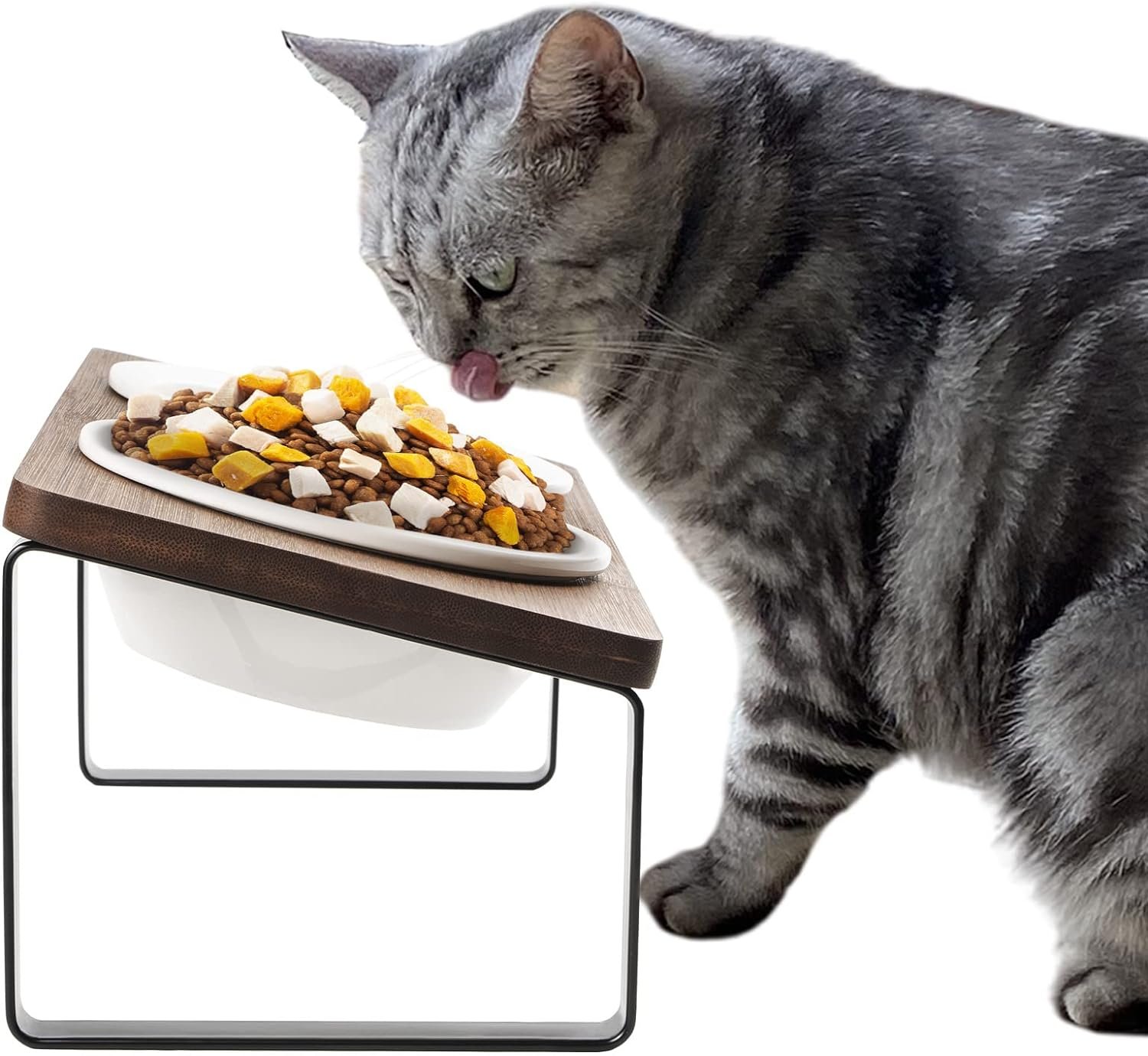 Topsats Ceramic Elevated Cat Bowls, Raised Puppy Dishes for Food and Water, Tilted Bamboo Stand for Anti Vomiting, Indoor 5.5 inch Wide Double Dish Orthopedic Anti-Vomiting (Brown)