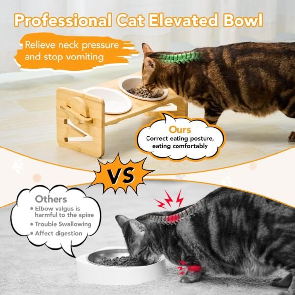 Topsats Elevated Pet Bowls for Cats & Small Dogs, Natural Bamboo with Ceramic Raised Small Dog Bowls, Cat Food Dish Bowls Elevated and 15?? Tilted, Whisker Friendly, Dishwasher Safe