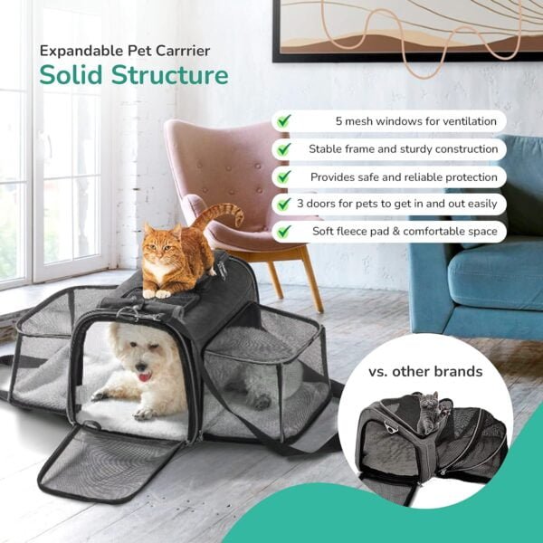 Topsats Pet Carrier, Cat Carrier, Airline Approved 2 Sides Expandable, Soft Sided, Durable, Easy to Carry, and More Breathable, Perfect for Puppy and Cats, Grey