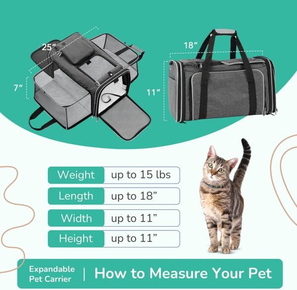 Topsats Pet Carrier, Cat Carrier, Airline Approved 2 Sides Expandable, Soft Sided, Durable, Easy to Carry, and More Breathable, Perfect for Puppy and Cats, Grey