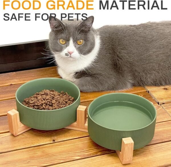 Topsats Ceramic Pet Bowls for Dog and Cat, No Spill Dog Food and Water Bowl Set with Anti-Slip Wooden Stand, Riased Puppy Feeding Dishes Suitable for Small, Medium and Large Cats Dogs, Green 28 OZ