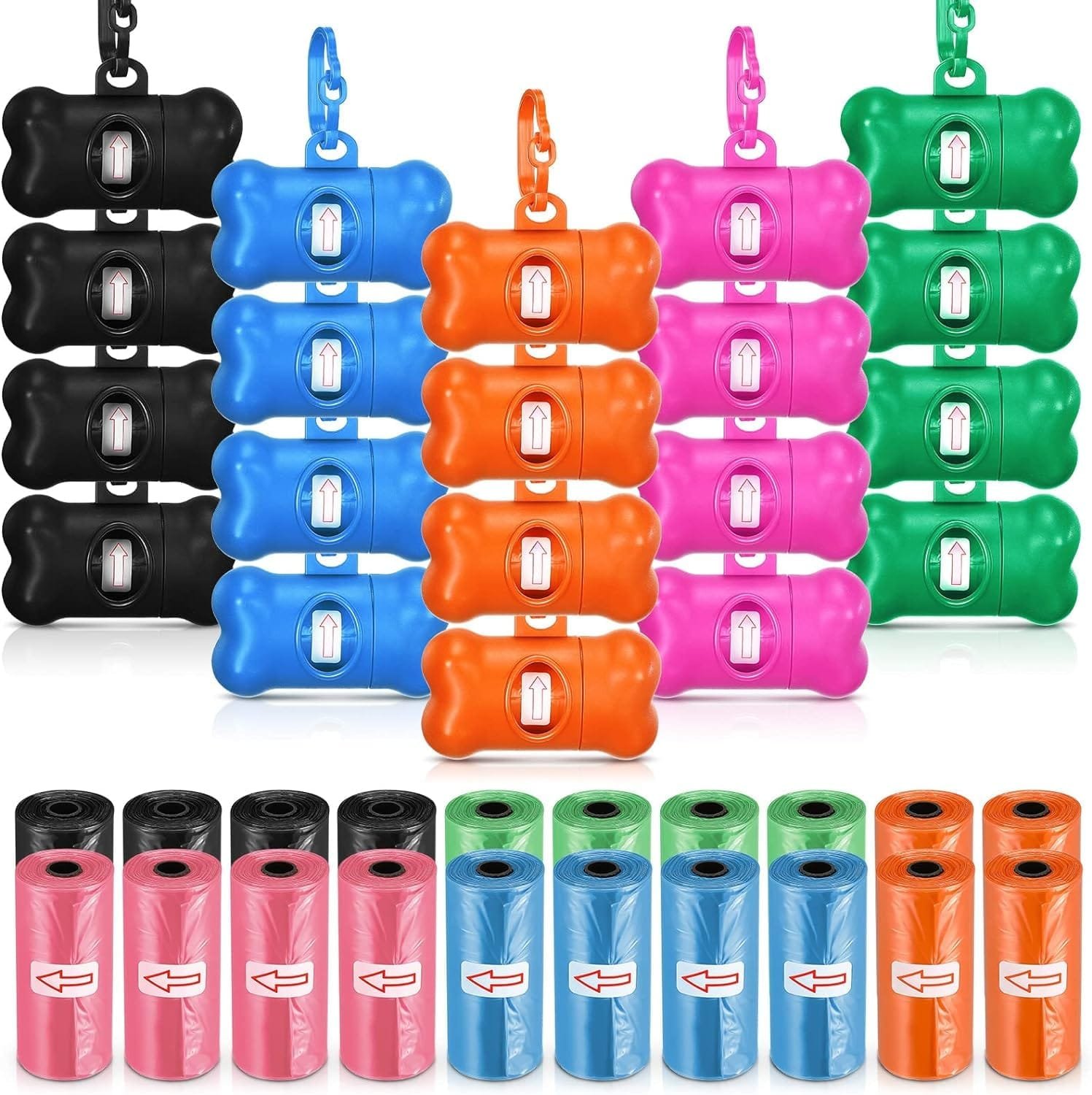 Topsats 20 Pack Bone Shaped Poop Waste Bag Dispenser Dog Poop Waste Bag Holder Container with Clip Design Leakproof Dog Pet Waste Disposal Bags Doggy Cats Waste Bags for Outdoor Pet Supplies, 5 Colors